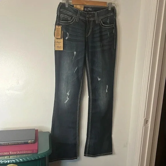 NWT Silver Jeans Co Suki Mid Rise Boot Cut Stretch Sequin Distressed Denim Sz 28 - Picture 1 of 14